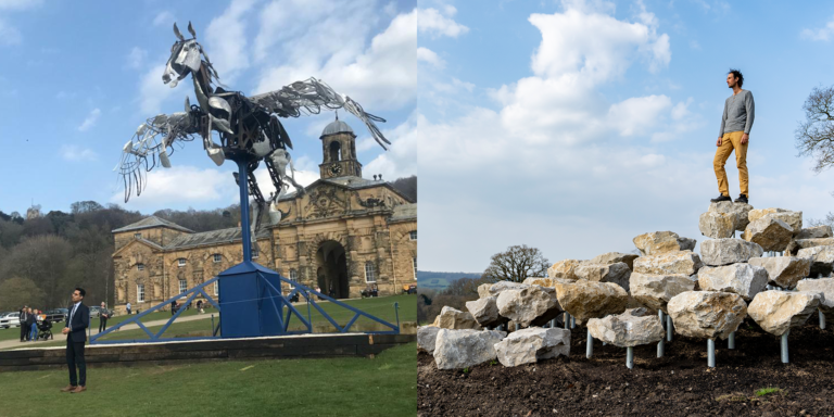 Image left - Wings of Glory art at Chatsworth; image right - Stone 40 with artist Benjamin Langholz with engineering by Amihay Gonen.