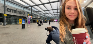 Image left - photographer taking photo outside Heathrow terminal 3; image right - girl holding Costa coffee cup